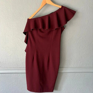 Betsy & Adam, one shoulder, ruffle, burgundy, dress, size 6